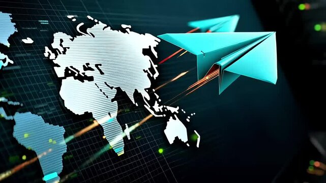 Paper plane icon - Wonder, freedom - Flying gently over abstract map - Stylized globe grid, no detail