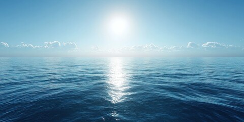 Fototapeta premium Serene Ocean Vista with Bright Sunlight Reflecting on Calm Waters under Clear Blue Sky