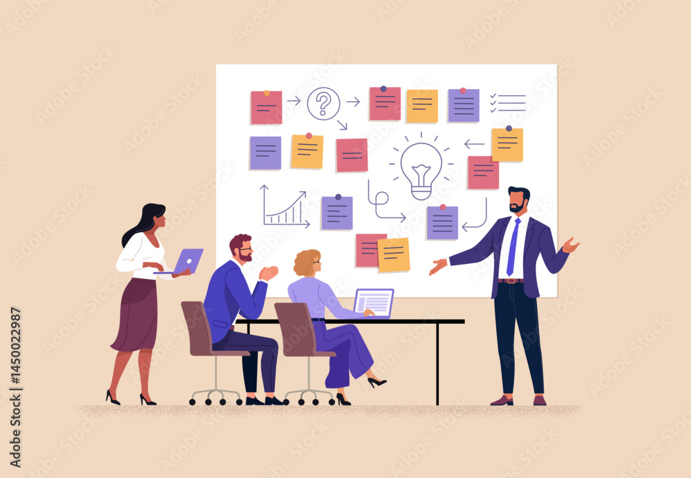 Aufkleber business workshop concept. vector cartoon illustration of a group of diverse people sitting at a tab