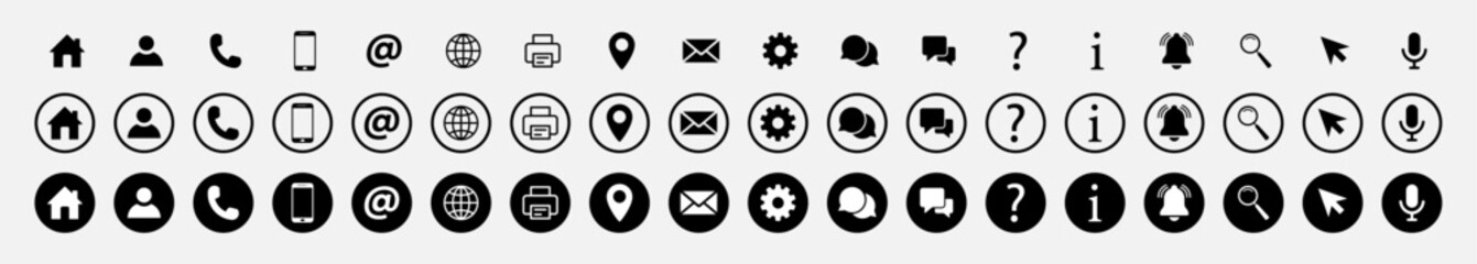 Contact information icons for business card. Address, phone, email, website, location, message, fax, mail, click flat circle icon design for web use. Vector illustration.
