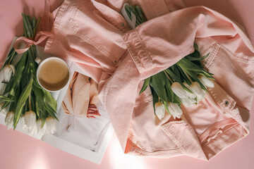 Flat lay with white tulips in a soft pink denim jacket, a fashion magazine, and a cup of coffee on...