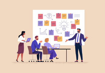 Business Workshop Concept. Vector cartoon illustration of a group of diverse people sitting at a table with a manager standing in front of them next to a board with stickers. Isolated on background