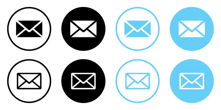 Email envelope icons set in blue and black color. Mail symbol collection. Envelope icon line and silhouette style. Envelope, email message and mail buttons. Notification new message icons. - Powered by Adobe
