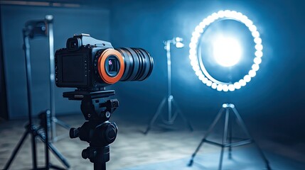 Ring light and camera setup pointing at product photography background