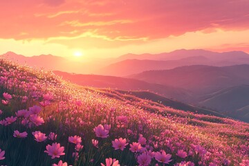 Fototapeta premium Rolling hills covered wildflowers under sunset sky vivid pink and orange gradient soft light realistic floral textures peaceful scenery