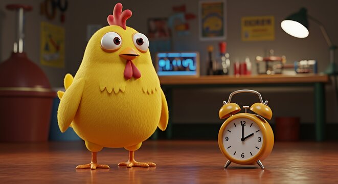 Cartoon Chicken with Alarm Clock Illustration for Children's Story