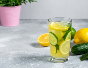 Fototapeta premium A tall glass of citrus cucumber drink sits on a gray table, garnished with lemon and lime slices, surrounded by fresh ingredients and a potted plant.