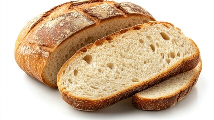 Freshly Baked Artisan Bread with Sliced Loaf on White Background for Culinary and Food Presentation