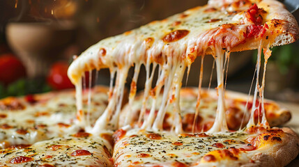 A Mouthwatering Slice of Heaven: Golden, Gooey Cheese Pulling Away from a Hot and Delicious Pizza, Ready to Be Enjoyed.