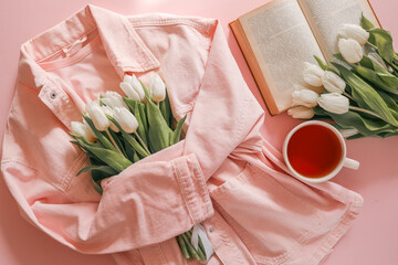 Fla tay with white tulips, pink denim jacket, open vintage book, and cup of tea on pink background...