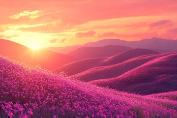 Selbstklebende Fototapeten Rolling hills covered wildflowers under sunset sky vivid pink and orange gradient soft light realistic floral textures peaceful scenery © EpochXstudio