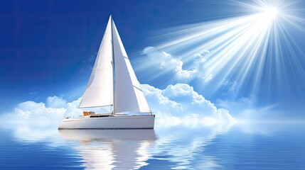 A sailboat sailing on calm waters under the bright sun, with a blue sky and white clouds in the background