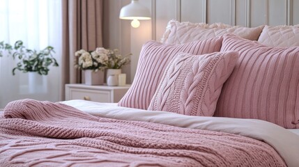 Cozy pink bedroom with knitted throws and pillows.