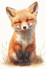 Obraz premium A smiling fox sits in the grass with closed eyes and a happy expression
