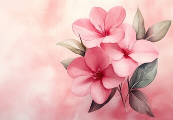 Beautiful watercolor painting of pink flowers with soft background and green leaves depicting a serene natural atmosphere