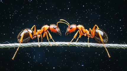 Fototapeta premium Ants facing off on wire