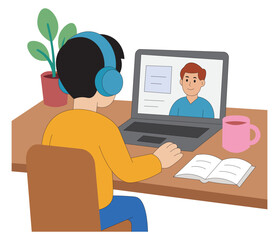 Child Learning Online Through Video Call Distance Education and Remote Learning Illustration.