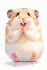 A smiling golden hamster sitting upright with its paws clasped together
