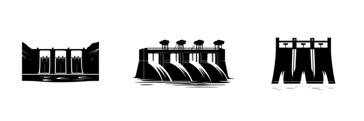 Design set of black and white dam illustrations showcasing hydroelectric power structures in a minimalist style