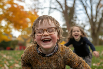 children with down syndrome celebrating their achievements smiling and playing together in vibrant outdoor setting.