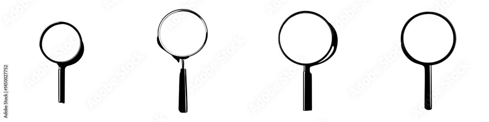 Poster different magnifying glasses arranged in a row showcasing various shapes and sizes on a plain backgr