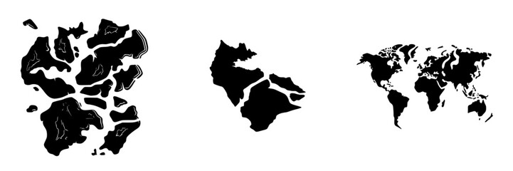 Illustration of abstract land and water patterns representing continents and island formations over a white background