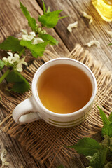 A cup of herbal tea with fresh white dead-nettle blossoms and leaves
