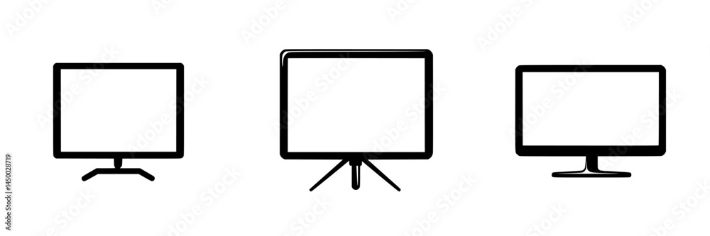 Poster different types of computer monitors displayed with various stands and designs in a minimalist style