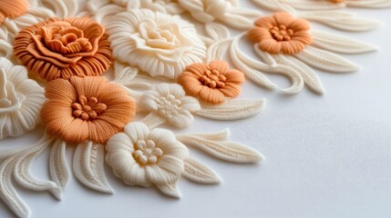 Macro image of a delicate lace fabric swatch with intricate floral details, floating on an ideal white background.