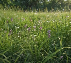 Fototapeta premium Close-up of flowering plants amidst lush June grass, detail, garden