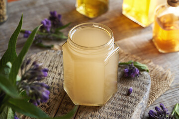 Homemade comfrey root ointment made with hot rendered pork lard in spring