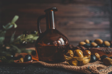 Glass bowl of green olives in oil on burlap with dark olive oil bottle and scattered black and green olives, styled against rustic wooden background in moody lighting