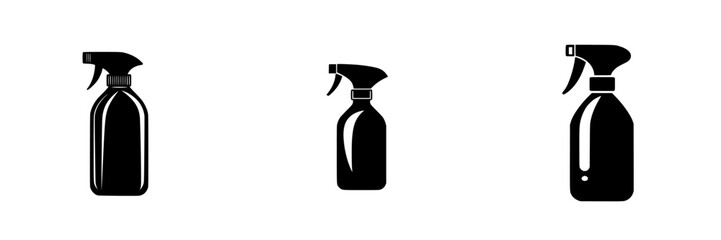 Different styles of black spray bottles for cleaning and maintenance in a simple design featuring various sizes