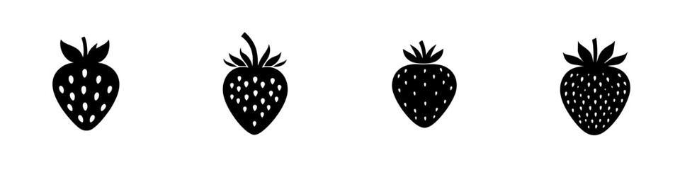 Fototapeta na wymiar Black silhouettes of strawberries arranged in a row with varying designs on a white background