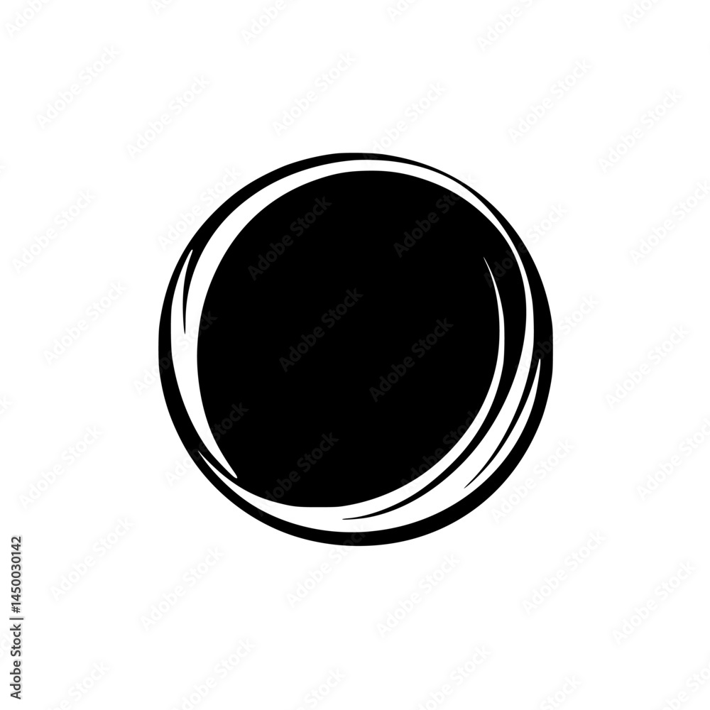 Poster smooth black circular object resting on a white surface with soft shadows highlighting its edges dur