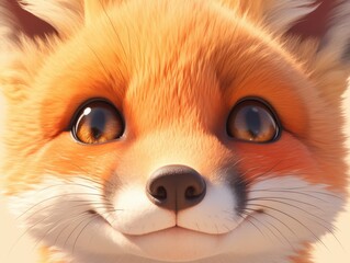 Obraz premium A smiling orange fox face, with big eyes, white cheeks and fluffy fur