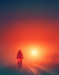 Obraz premium Rear view of young woman cycling alone into warm misty sunrise peaceful, outdoor journey
