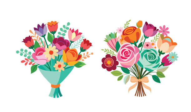 Two colorful flat design bouquets of assorted flowers on a white background