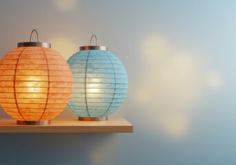 Obraz premium Serene Glow: Two Illuminated Paper Lanterns on Wooden Shelf Against a Soft Blue Background