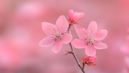 Obraz premium Delicate Pink Blossoms on a Branch with a Soft Blurred Background in Springtime Nature Scene
