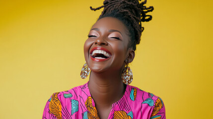 A happy optimistic African American woman poses in colorful fashion radiating joy and energy with a vibrant expression and confident attitude.  AI generative