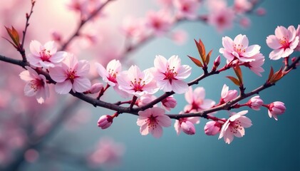 Obraz premium Intricate sakura branch pattern, showcasing blossoms and leaves in varying stages of bloom , pink, japanese, wallpaper