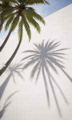 Deep, defined palm tree shadow against stark white  Vibrant tropical feel ,  wall,  minimal,  light