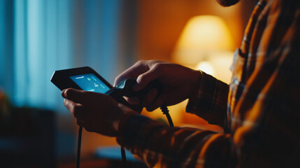 Closeup of a person using a device to charge with a plug cable and screen in focus showing modern technology in action with a portable charging connection. AI generative