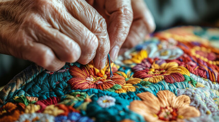 A hand stitching an intricate floral pattern on vibrant fabric showcasing embroidery skill detailed threadwork and colorful design in a craft-focused scene. AI generative