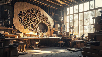 Wood being shaped with intricate designs in a rustic workshop shows the craft of a focused artisan surrounded by wooden textures and tools. AI generative