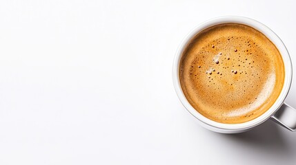 Macro shot of a freshly brewed espresso with golden crema, hyper-detailed clarity on an absolutely white background.