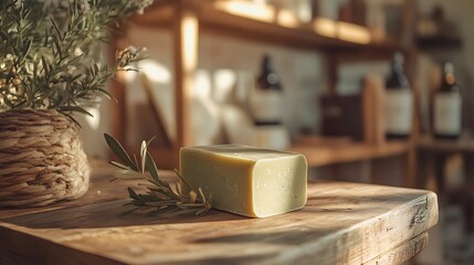 Natural olive oil soap bar on rustic wooden surface, organic skincare product
