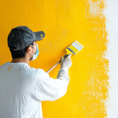 Painting with a roller and brush a worker covers a wall surface during interior renovation emphasizing hands-on craftsmanship and texture. AI generative