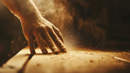 Carpenter sanding wood by hand in a woodworking workshop showcasing craftsmanship attention to detail and traditional techniques with visible dust and tools in focus. AI generative